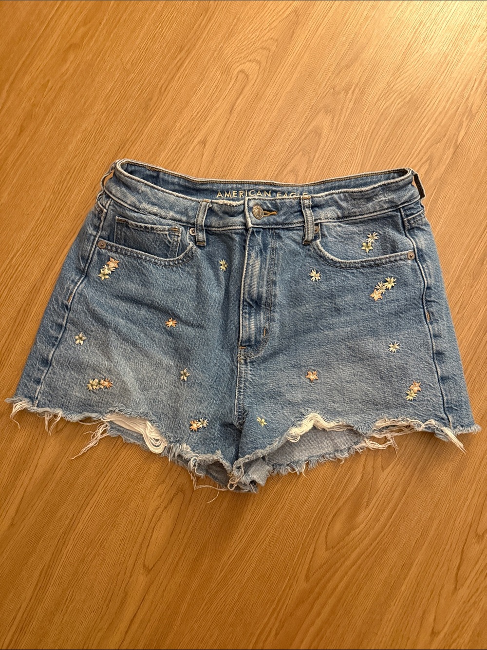 American Eagle Outfitters Medium Blue Embroidered Frayed Denim Shorts